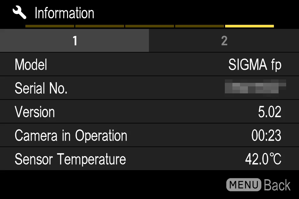 The Information screen showing Model SIGMA fp and Version 5.02