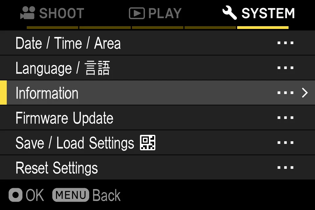 The SYSTEM tab of the camera menu, with Information highlighted