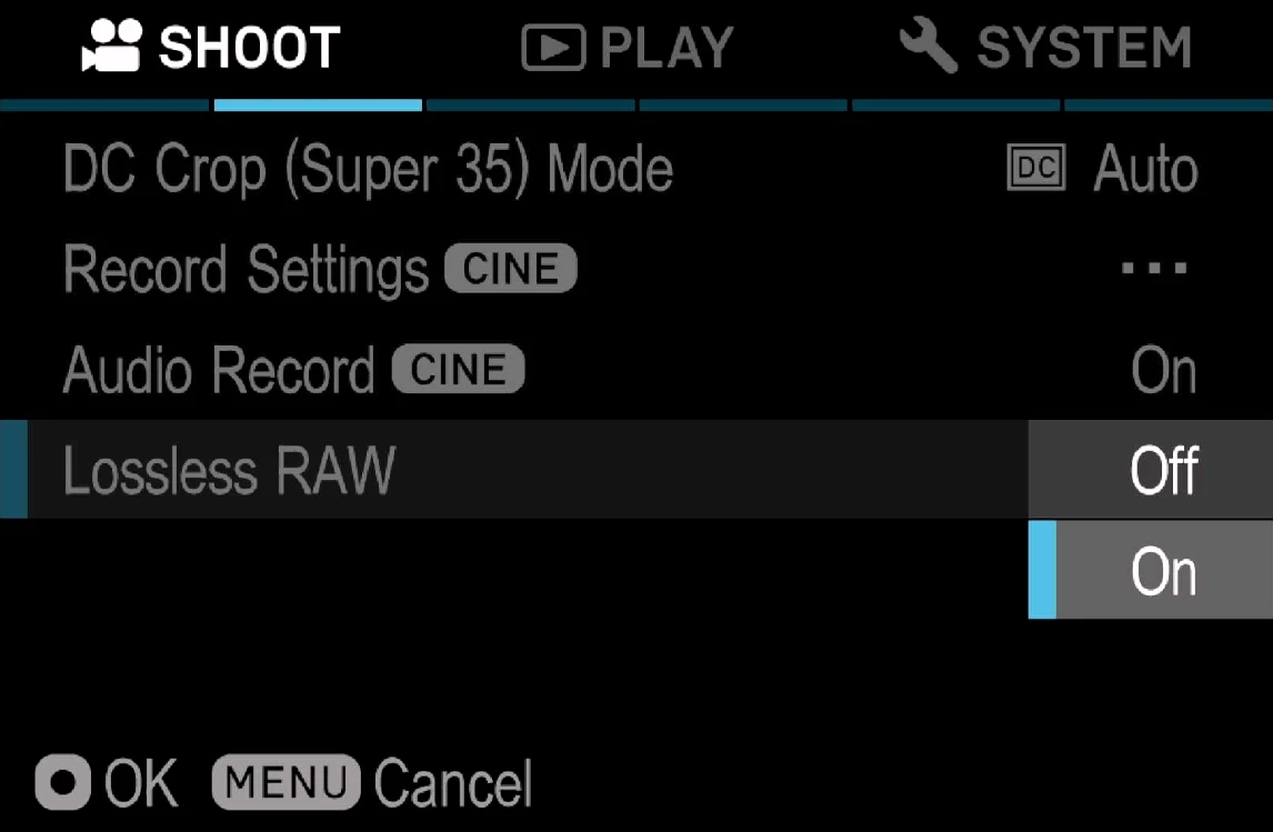 SHOOT menu with the Lossless RAW row below Audio Record, its Off / On choice open