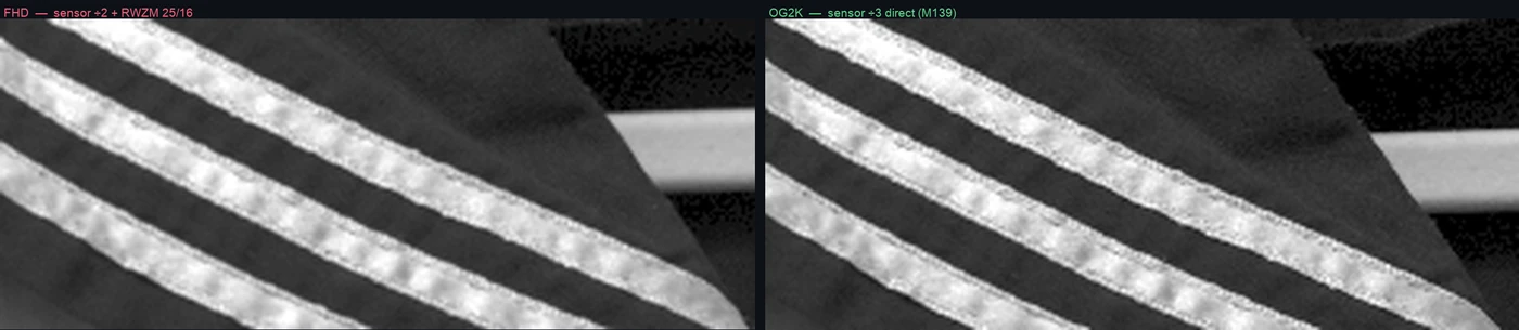 Matched-scale crops of a sailor uniform's collar braid, FHD on the left and OG2K on the right. The braid's sparkle cells are smeared together in the FHD crop and separate in the OG2K crop.